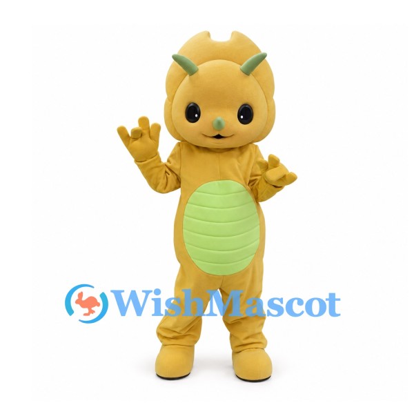 Dragon Mascot Costume in Yellow with Green Horns and Belly