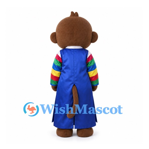 Monkey Mascot Costume with Blue Traditional Robe and Rainbow Sleeves
