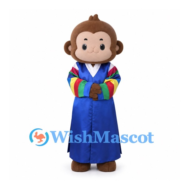 Monkey Mascot Costume with Blue Traditional Robe and Rainbow Sleeves