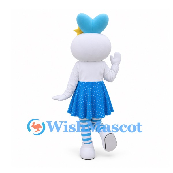 Rabbit Mascot Costume in White with Blue Polka Dot Skirt and Star Clip