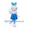 Rabbit Mascot Costume in White with Blue Polka Dot Skirt and Star Clip