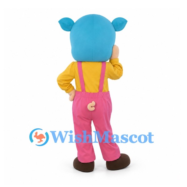 Boy Mascot Costume with Blue Animal Hood and Pink Overalls