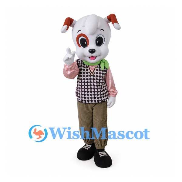 Dog Mascot Costume with Houndstooth Vest and Green Bow Tie