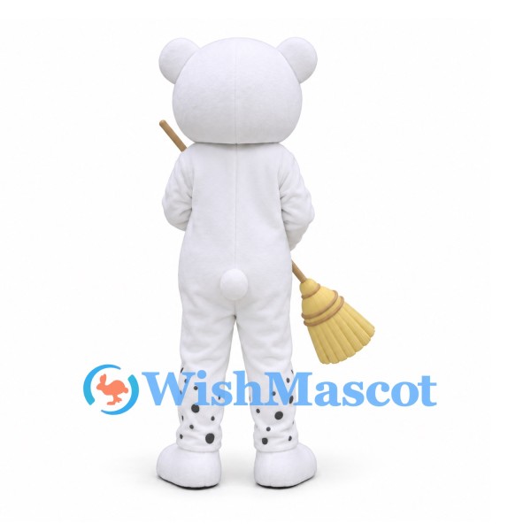 Polar Bear Mascot Costume with Black Spots and Broom Prop