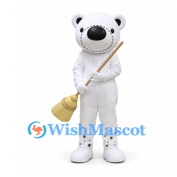 Polar Bear Mascot Costume with Black Spots and Broom Prop