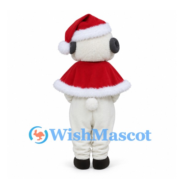 Sheep Mascot Costume with Red Santa Hat and White-Trimmed Cape