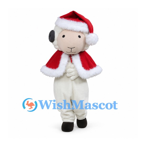 Sheep Mascot Costume with Red Santa Hat and White-Trimmed Cape