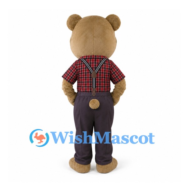 Bear Mascot Costume with Red Plaid Shirt and Black Suspenders