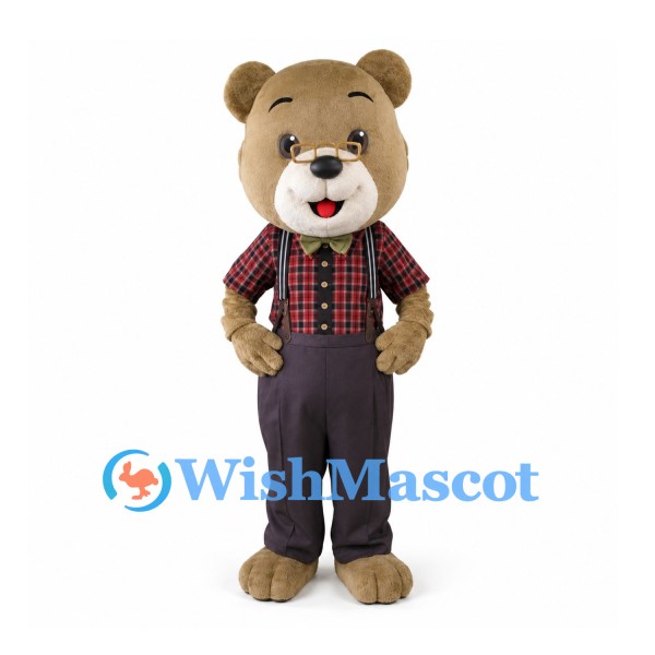 Bear Mascot Costume with Red Plaid Shirt and Black Suspenders