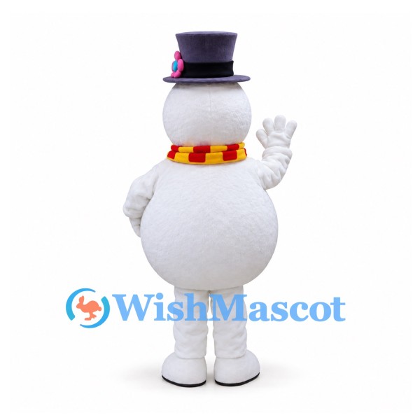 Snowman Mascot Costume with Black Top Hat and Red and Yellow Scarf