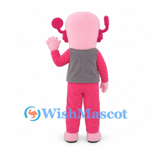 Robot Mascot Costume in Pink with Gray Vest and Clock Antenna