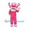 Robot Mascot Costume in Pink with Gray Vest and Clock Antenna