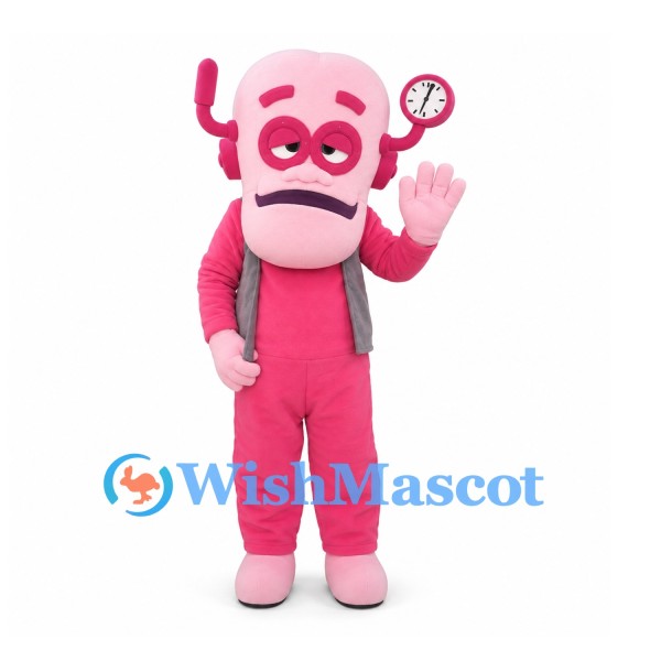 Robot Mascot Costume in Pink with Gray Vest and Clock Antenna