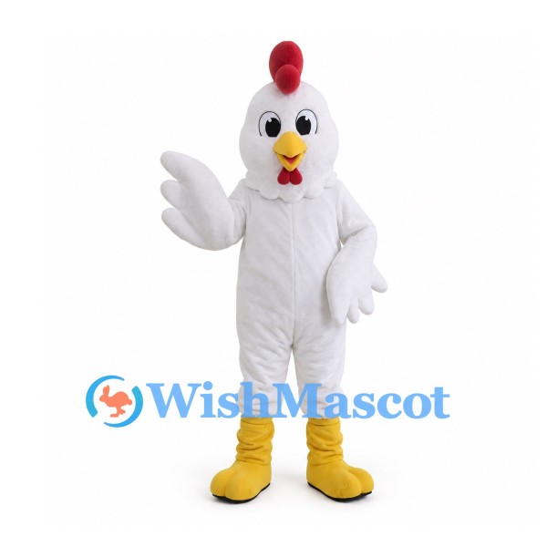 Rooster Mascot Costume in White with Wide Eyes and Yellow Feet