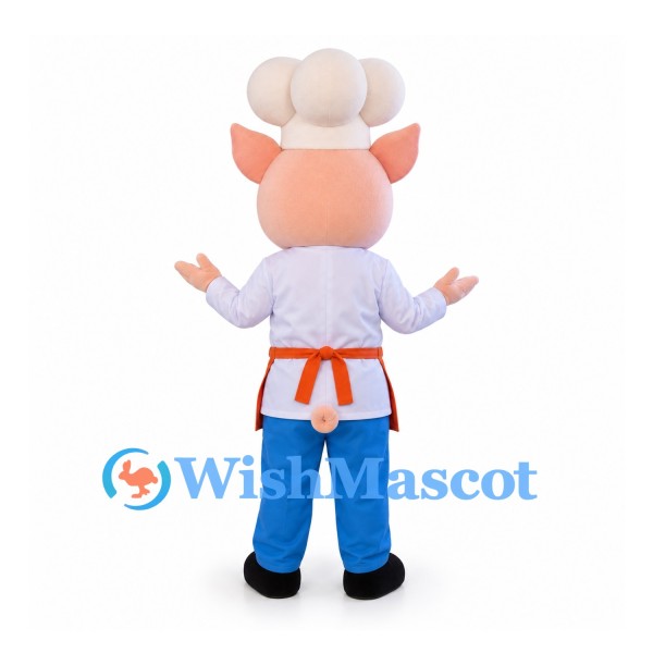 Pig Mascot Costume with White Chef Hat, Orange Apron and Blue Trousers