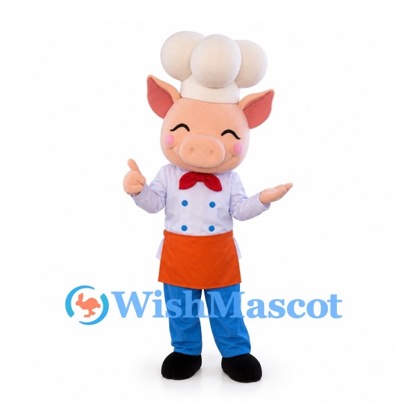 Pig Mascot Costume with White Chef Hat, Orange Apron and Blue Trousers
