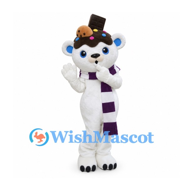 Polar Bear Mascot Costume with Chocolate Top Hat and Purple Scarf