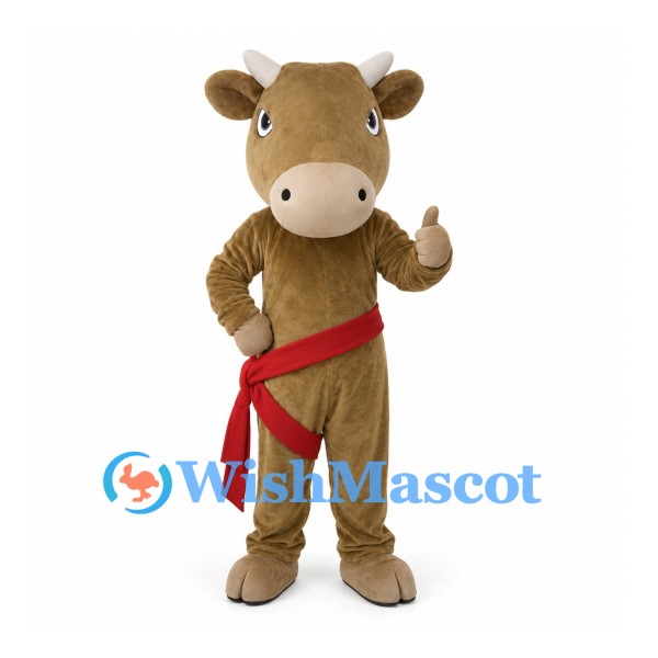 Bull Mascot Costume in Brown with Red Waist Sash