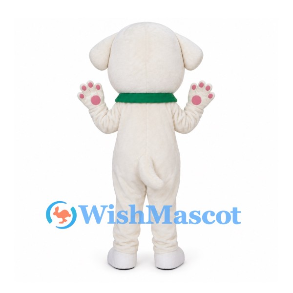 Dog Mascot Costume in Cream with Brown Eye Patch and Green Collar