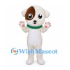 Dog Mascot Costume in Cream with Brown Eye Patch and Green Collar