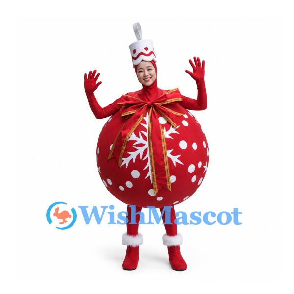Christmas Ornament Mascot Costume in Red with White Snowflakes