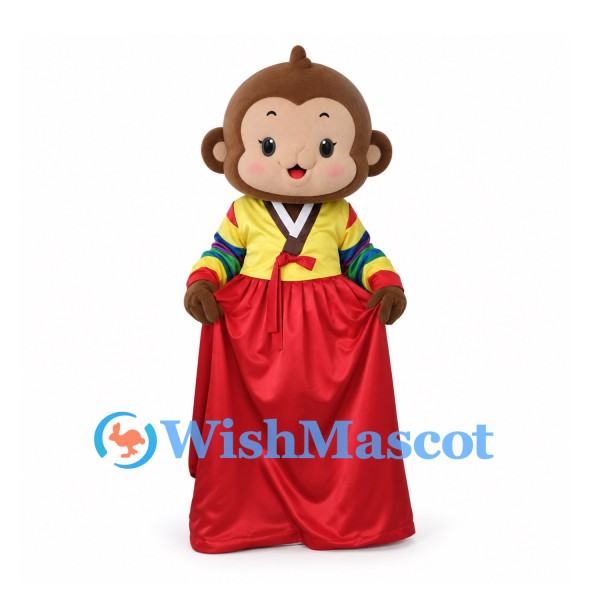 Monkey Mascot Costume with Yellow Rainbow-Sleeve Blouse and Red Skirt