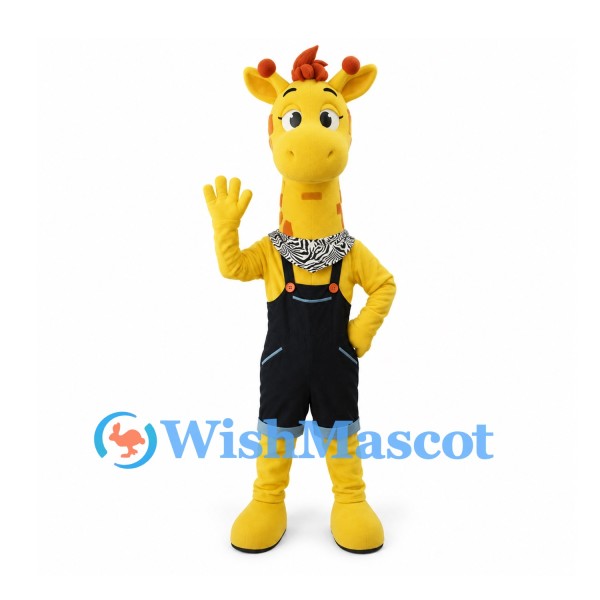 Giraffe Mascot Costume with Black Overalls and Patterned Bow Tie