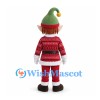 Elf Mascot Costume with Green Hat and Red Patterned Coat