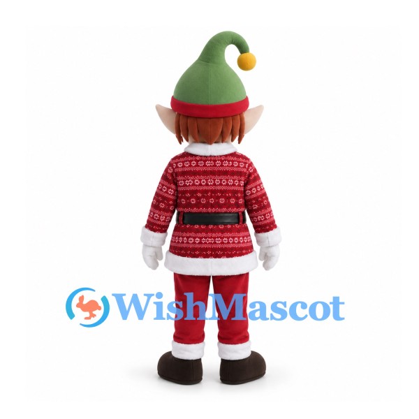 Elf Mascot Costume with Green Hat and Red Patterned Coat