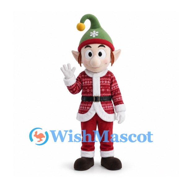 Elf Mascot Costume with Green Hat and Red Patterned Coat