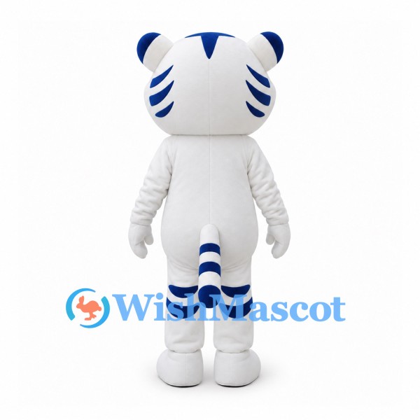 Tiger Mascot Costume in White and Blue with Striped Legs and Tail