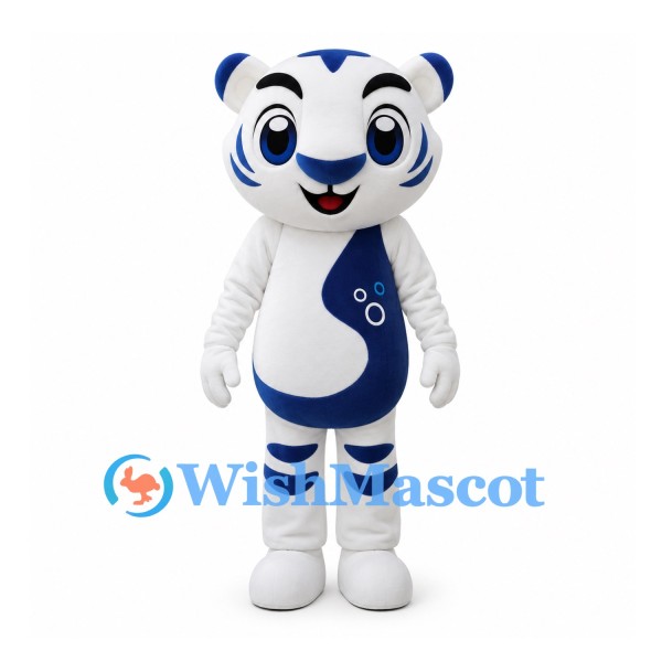 Tiger Mascot Costume in White and Blue with Striped Legs and Tail