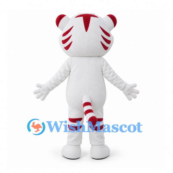 Tiger Mascot Costume in White and Red with Striped Legs and Tail