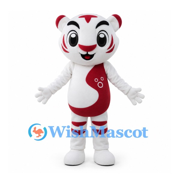 Tiger Mascot Costume in White and Red with Striped Legs and Tail