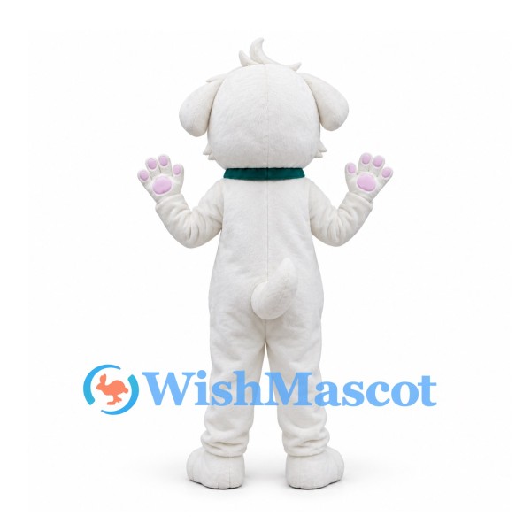 Dog Mascot Costume in White with Green Collar and Pink Paw Pads