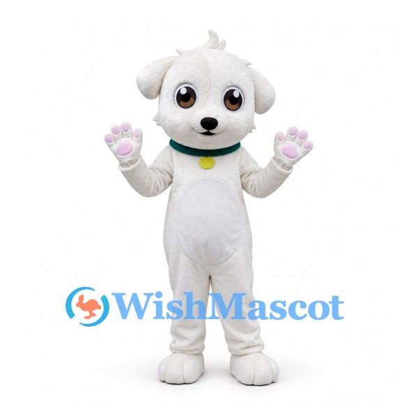 Dog Mascot Costume in White with Green Collar and Pink Paw Pads