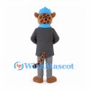 Leopard Mascot Costume with Gray Suit and Blue Shirt