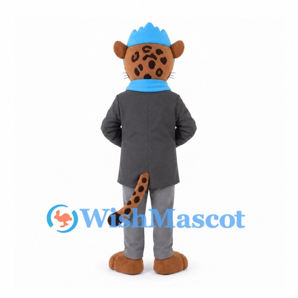 Leopard Mascot Costume with Gray Suit and Blue Shirt