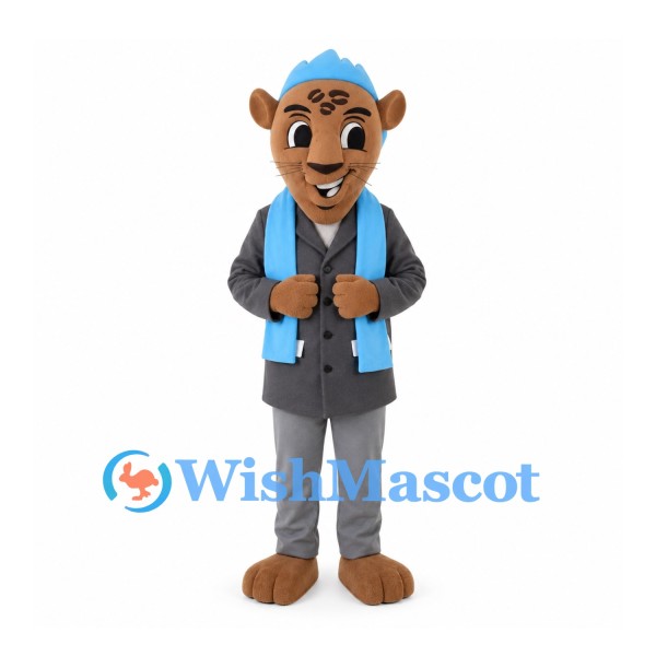 Leopard Mascot Costume with Gray Suit and Blue Shirt