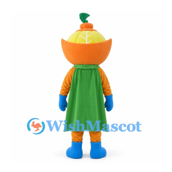 Orange Mascot Costume with Sliced Fruit Head and Green Cape