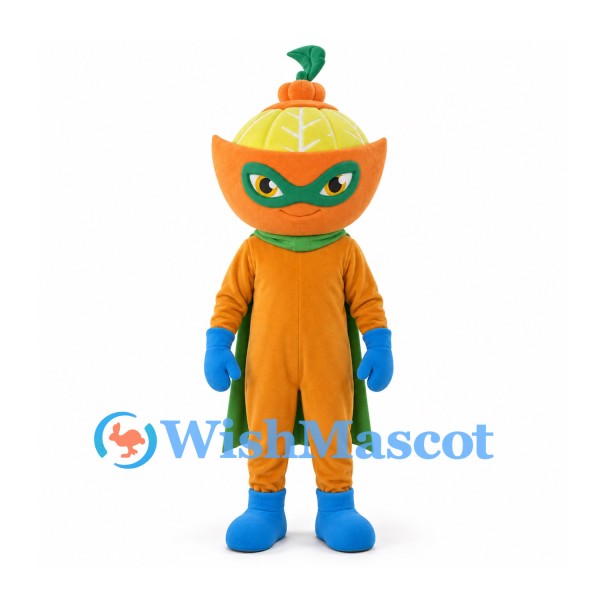 Orange Mascot Costume with Sliced Fruit Head and Green Cape