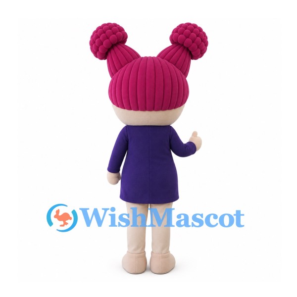 Girl Mascot Costume with Pink Hair Buns and Purple Dress