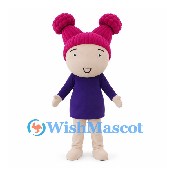 Girl Mascot Costume with Pink Hair Buns and Purple Dress