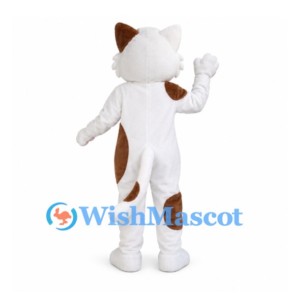 Cat Mascot Costume in White with Brown Patches and Pink Cheeks