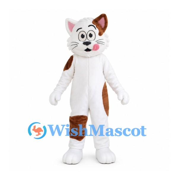 Cat Mascot Costume in White with Brown Patches and Pink Cheeks