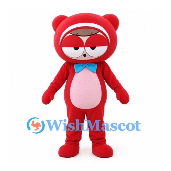 Bear Mascot Costume in Red with Pink Belly and Blue Bow Tie