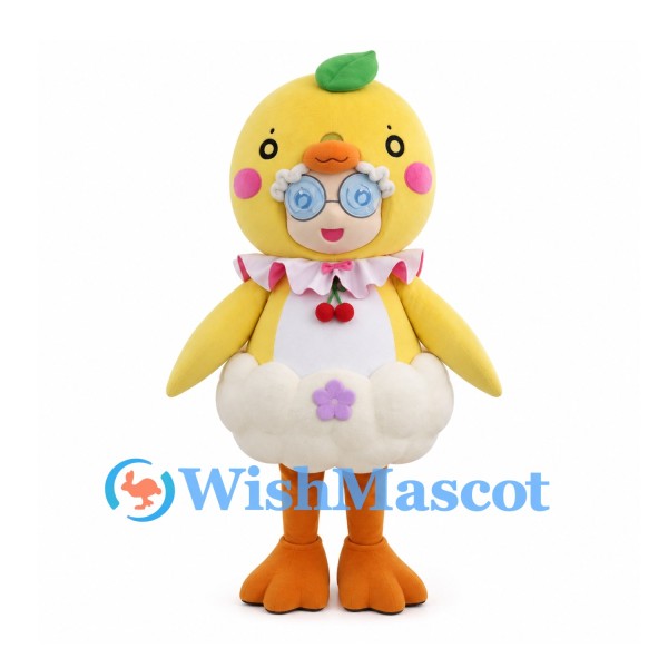 Duck Mascot Costume with Clown Face and White Ruffled Body