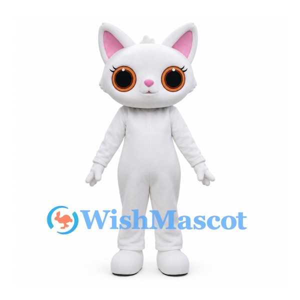 Cat Mascot Costume in White with Large Orange Eyes