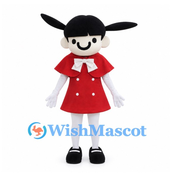 Girl Mascot Costume with Black Pigtails and Red Cape Dress