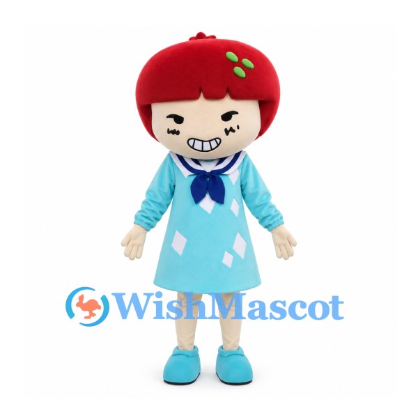 Apple Girl Mascot Costume with Light Blue Sailor Dress